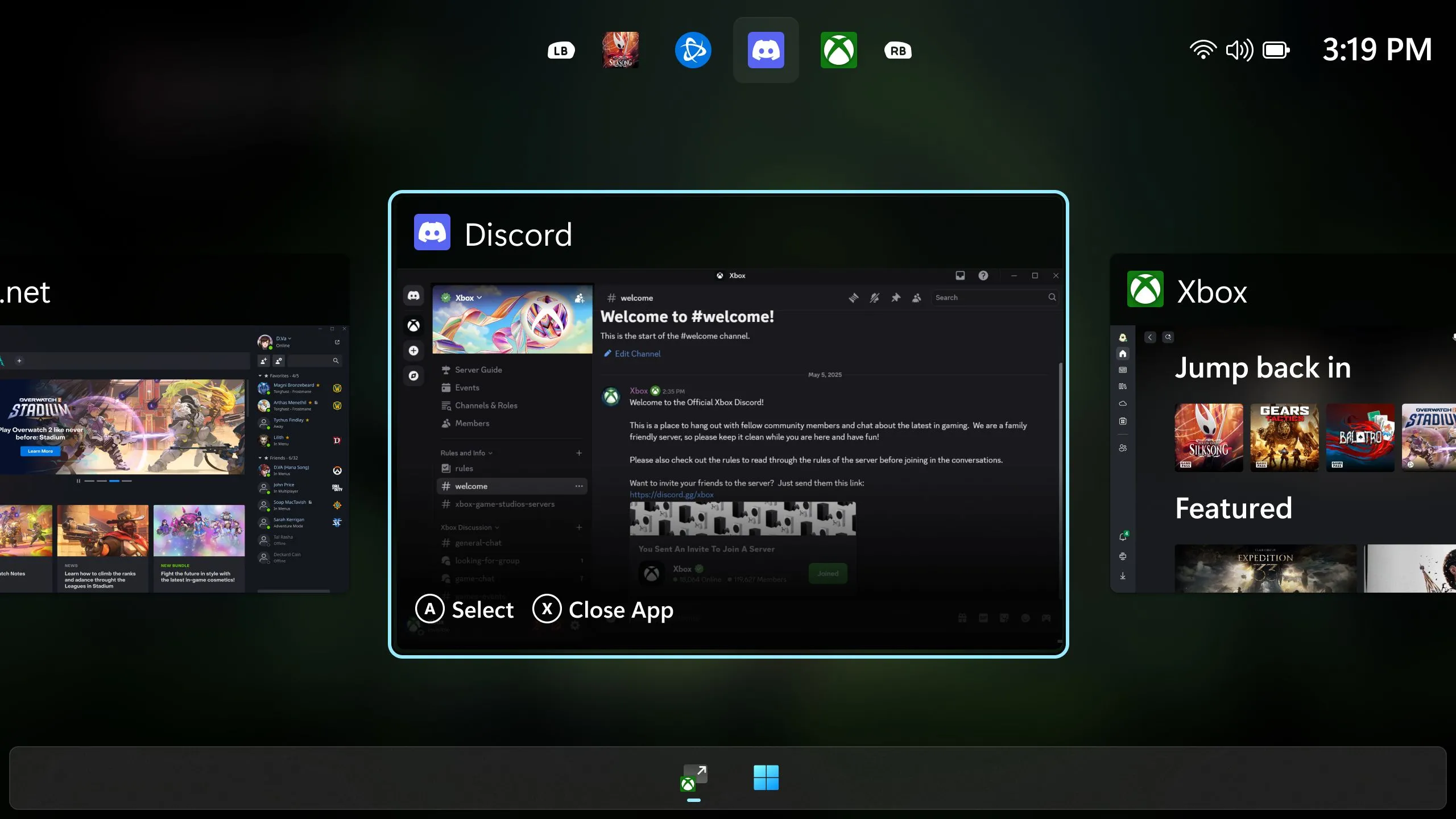 Ảnh chụp màn hình giao diện chuyển đổi tác vụ thân thiện với tay cầm trên Windows mới.