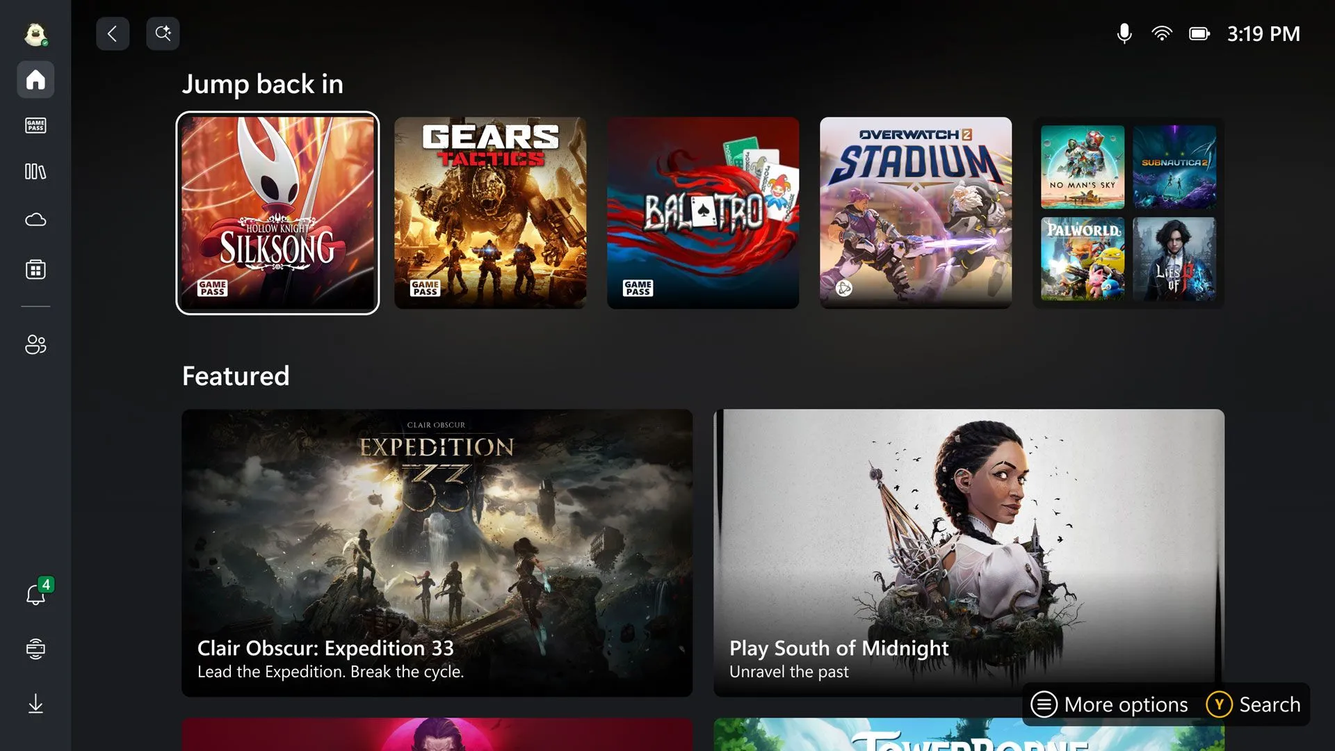 Ảnh chụp màn hình giao diện trang chủ Xbox dashboard mới trên Windows, tối ưu cho tay cầm.