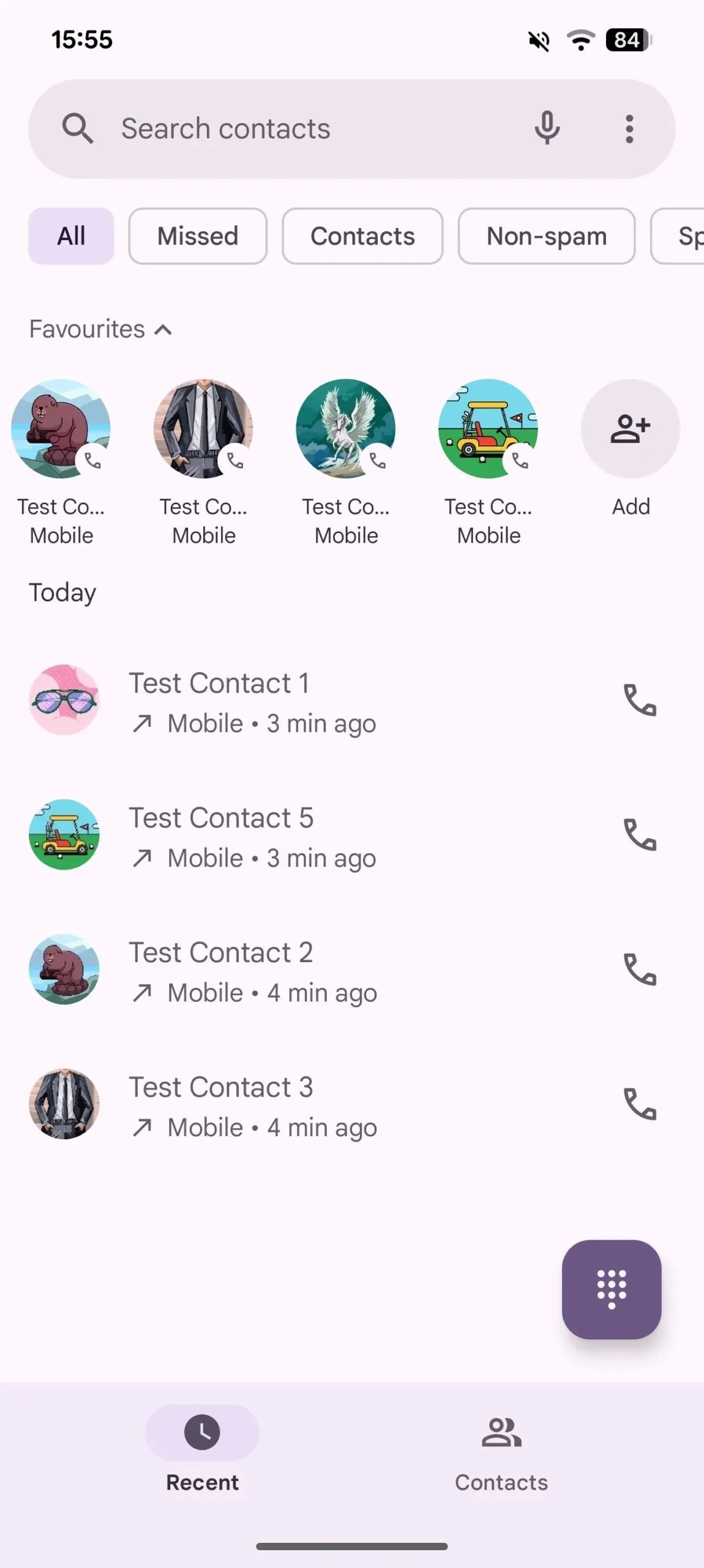 Ảnh chụp màn hình giao diện ứng dụng Google Phone hiển thị mục Yêu thích (Favorites) được di chuyển lên đầu danh sách cuộc gọi gần đây.
