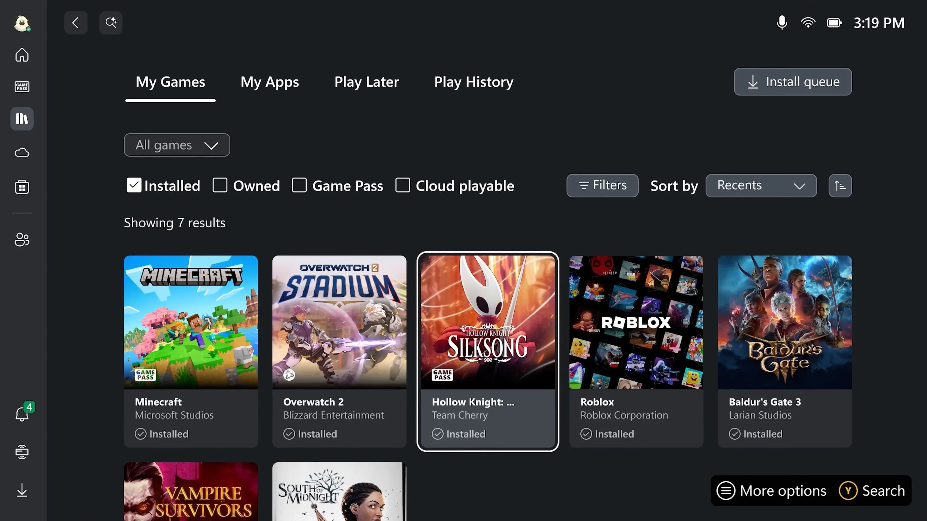 Ảnh chụp màn hình giao diện Xbox Dashboard được cải tiến trên Windows, làm trung tâm quản lý game.
