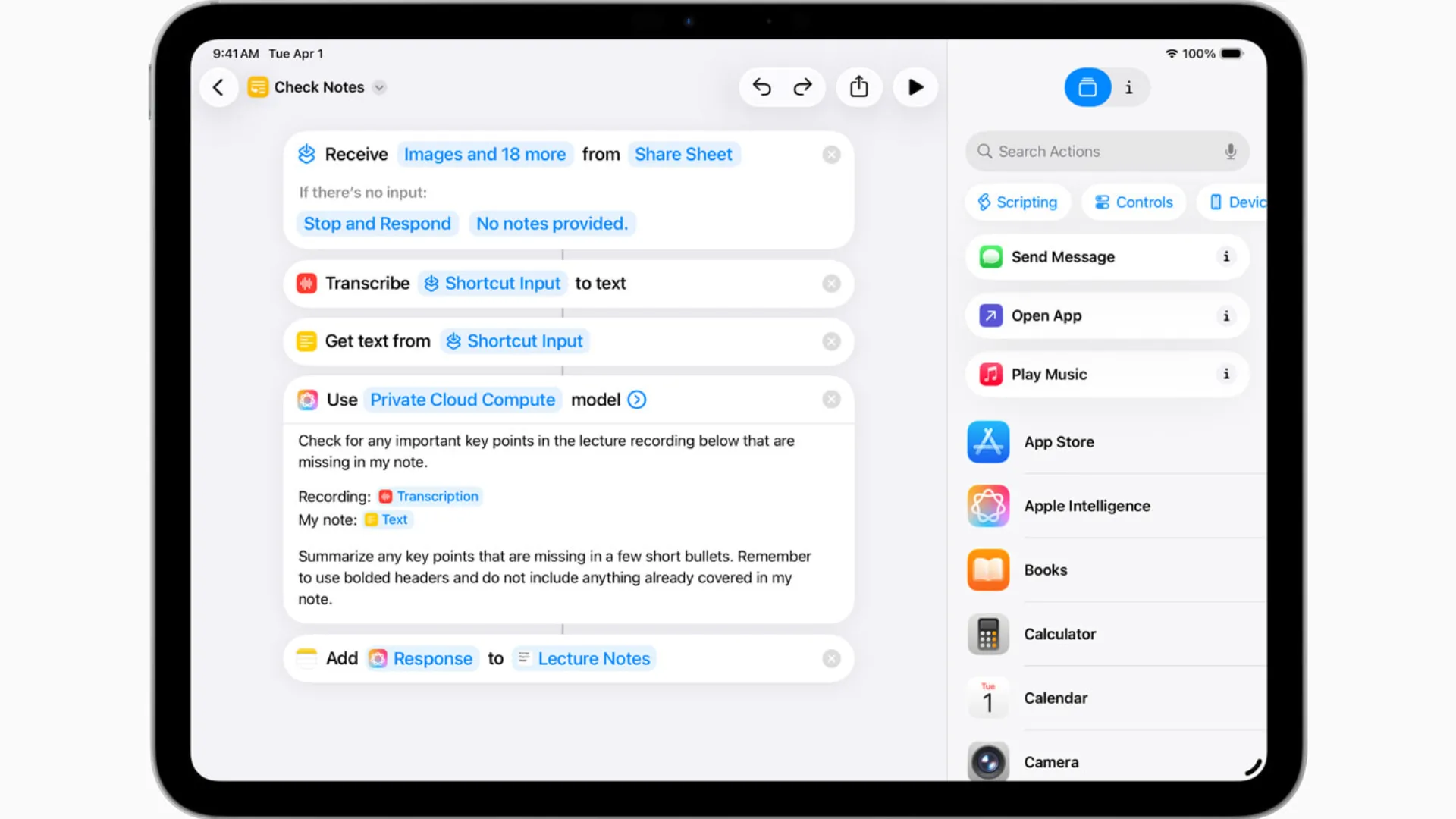 Ảnh chụp màn hình iPadOS 26 hiển thị giao diện Phím tắt với gợi ý AI