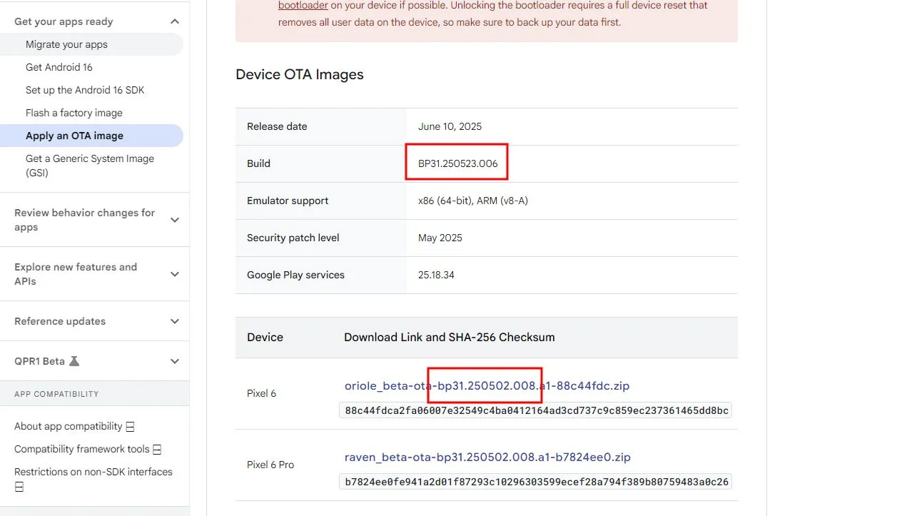 Ảnh chụp màn hình trang web Android Developers cho thấy sự mâu thuẫn giữa số phiên bản ghi trên web và tên file cập nhật OTA Android 16 QPR1 Beta 2