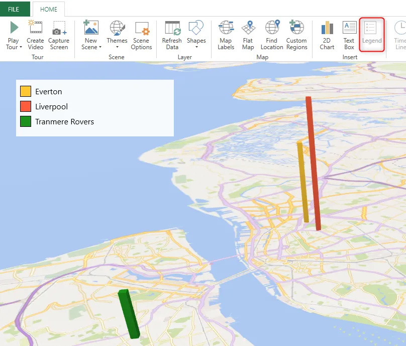 Bản đồ 3D trong Excel hiển thị các sân vận động bóng đá ở Merseyside, Anh, kèm theo chú giải (Legend) chi tiết tên các đội bóng tương ứng với màu sắc.