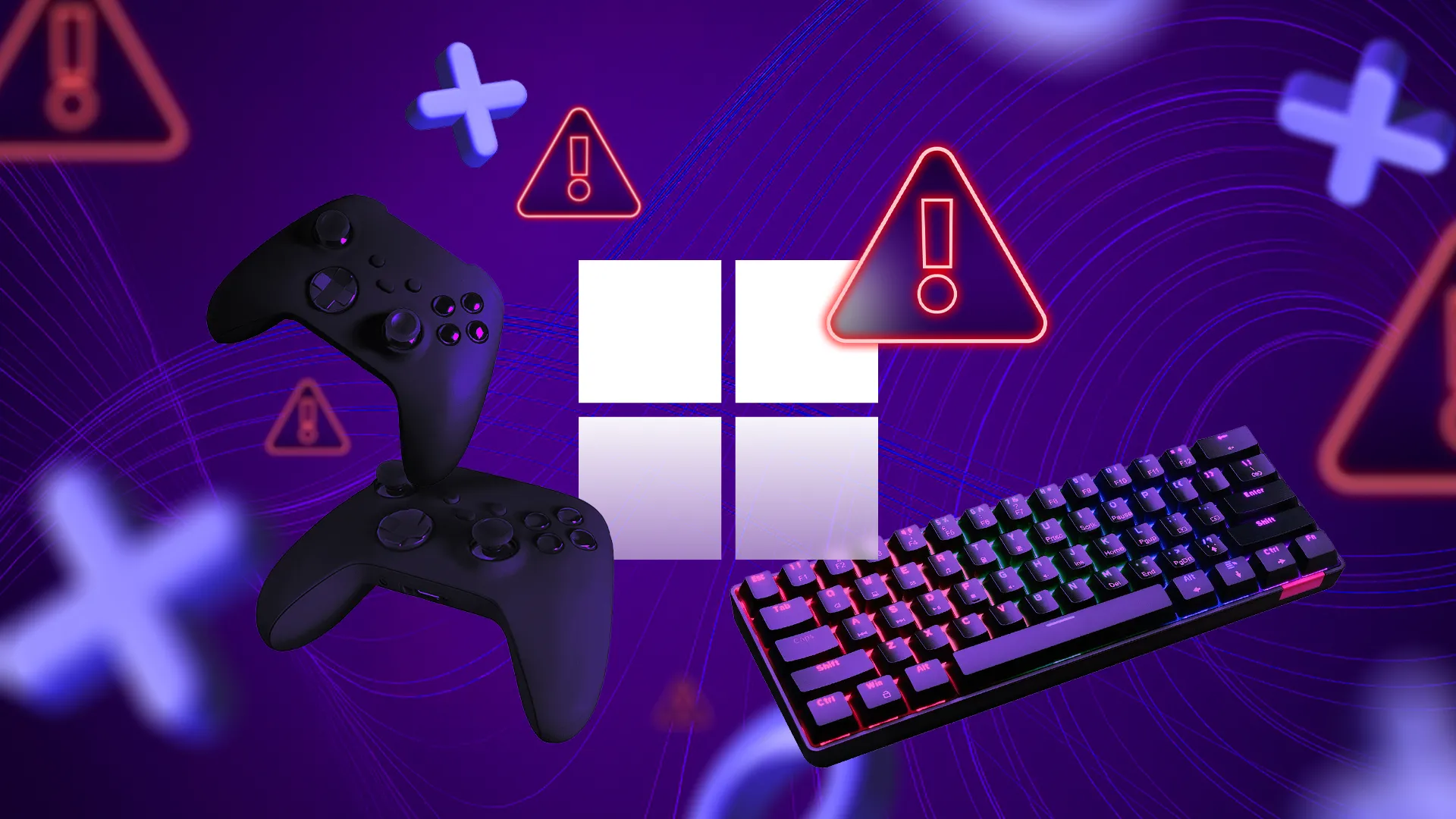 Biểu tượng Windows được bao quanh bởi tay cầm chơi game và bàn phím, với nhiều dấu cảnh báo, minh họa vấn đề của Windows trong gaming.