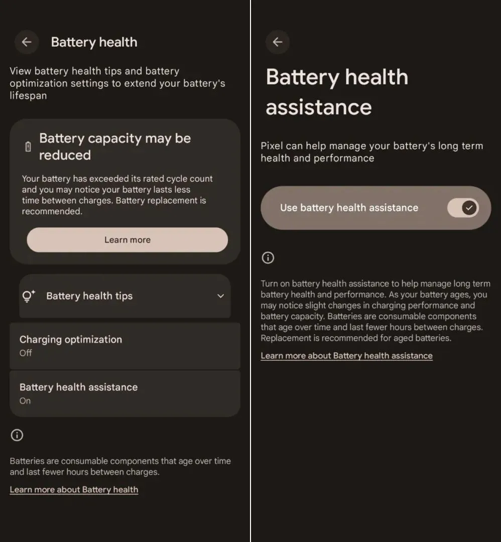 Các ảnh chụp màn hình tính năng hỗ trợ sức khỏe pin trên Google Pixel 7 Pro (Nguồn: Android Authority).