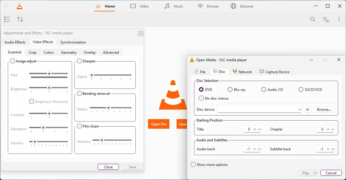 Các tùy chọn menu của VLC cho phép tùy chỉnh phát lại và hiệu ứng video