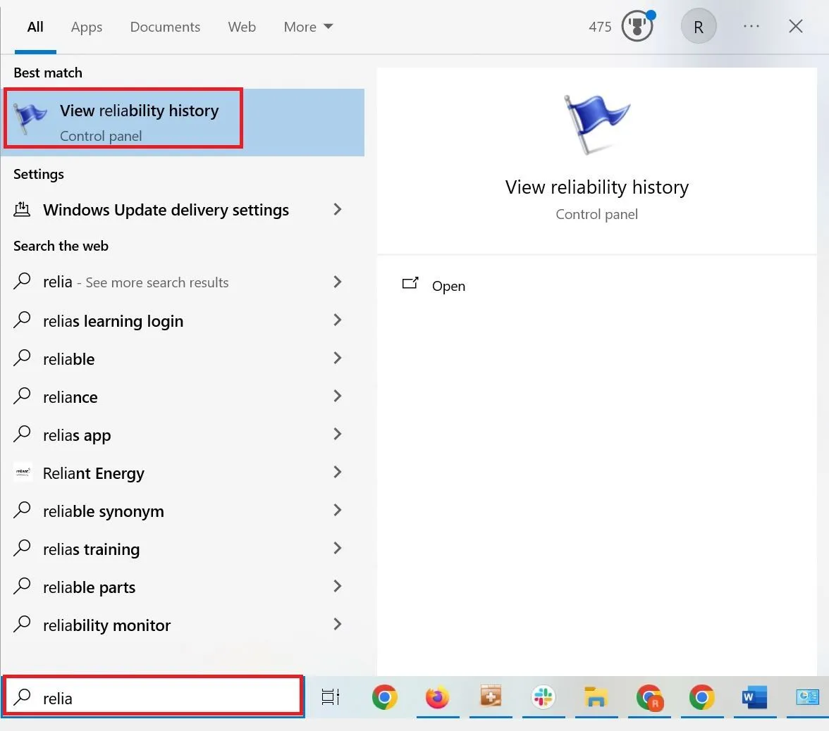 Cách mở Windows Reliability Monitor bằng cách gõ 'reliability' vào thanh tìm kiếm Start Menu trên Windows.