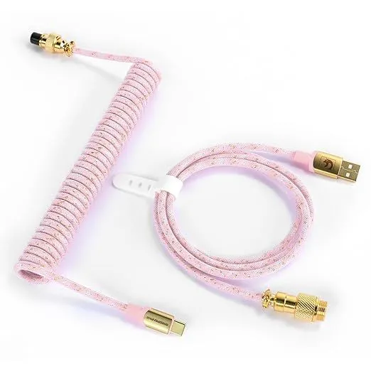 Cáp bàn phím ATTACK SHARK Custom Coiled USB C sang A màu hồng cuộn tròn.