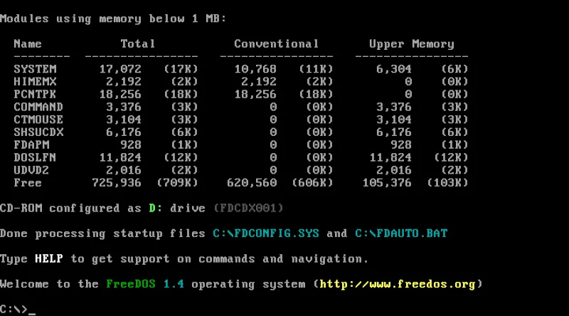 Dấu nhắc lệnh FreeDOS tại giao diện console.