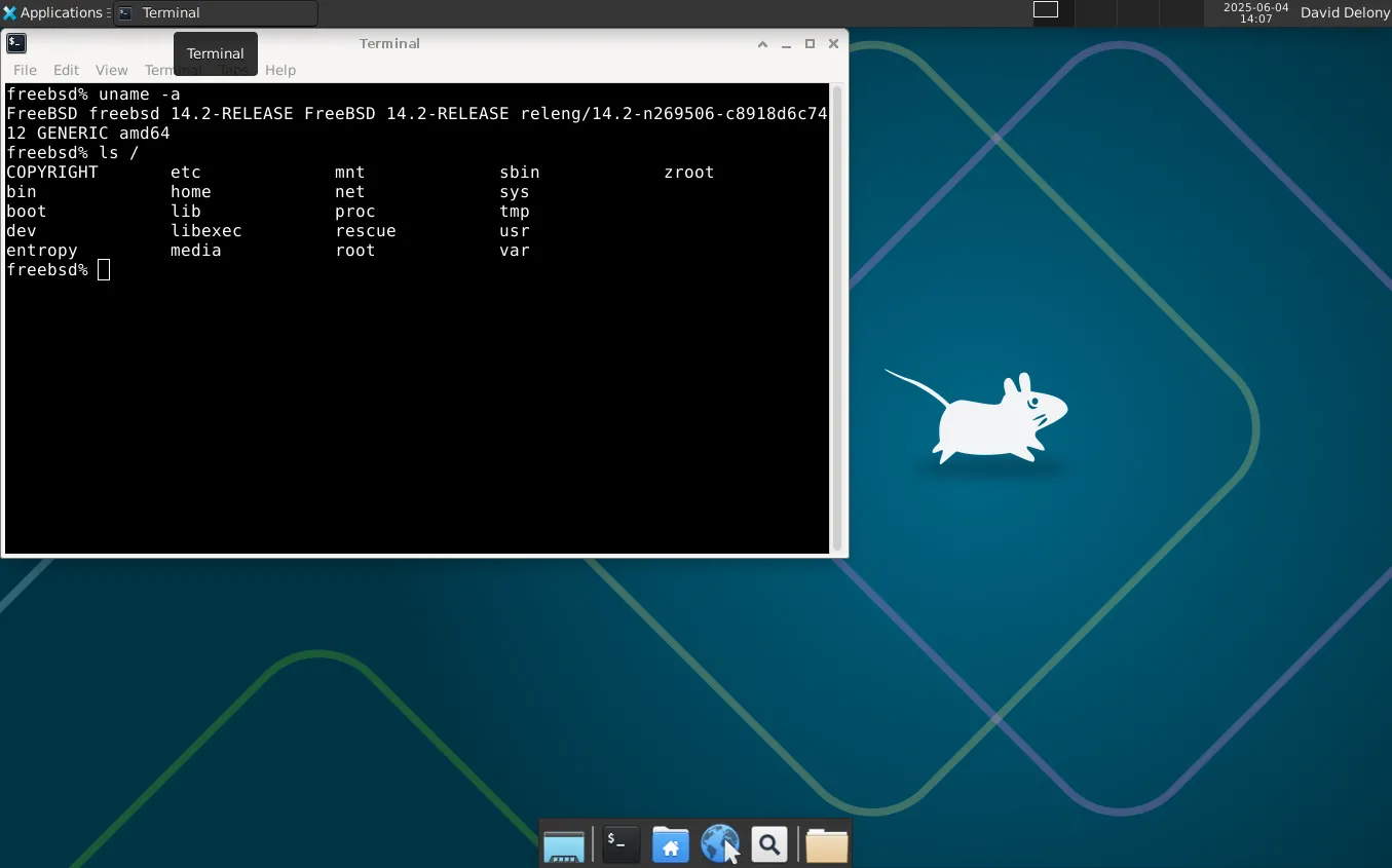 Desktop Xfce trên FreeBSD với cửa sổ terminal đang mở.
