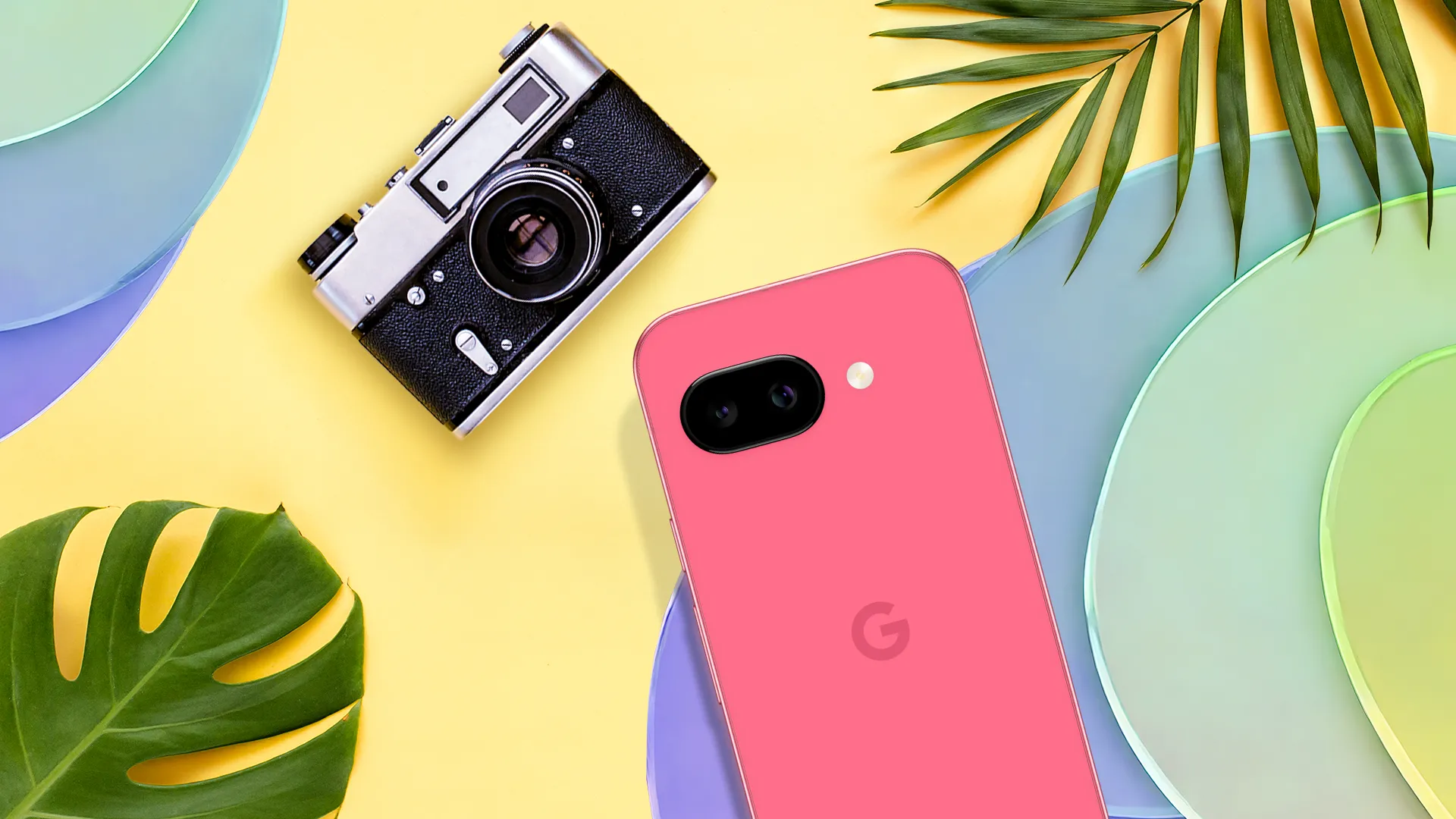 Điện thoại Google Pixel 9a đặt cạnh máy ảnh chuyên dụng