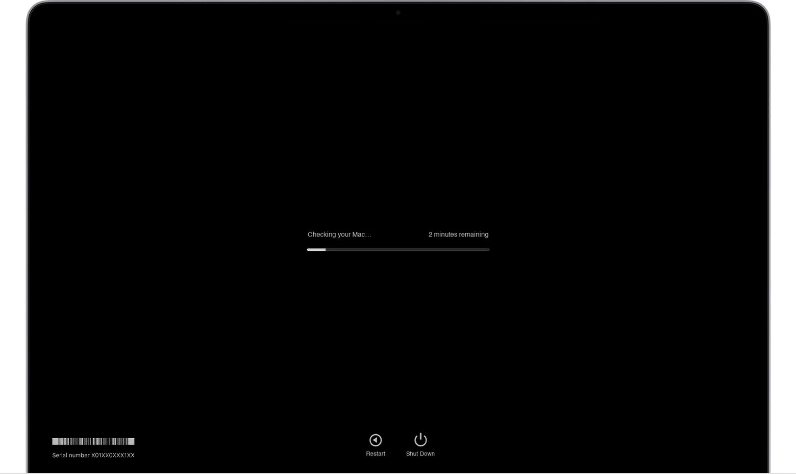 Giao diện Apple Diagnostics đang chạy trên macOS để kiểm tra phần cứng Mac