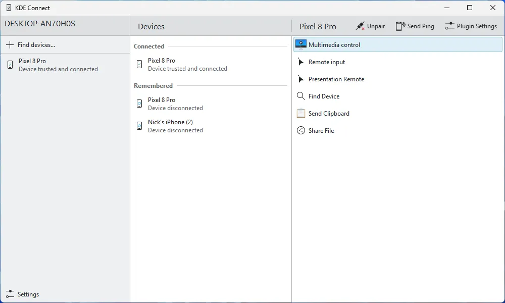 Giao diện chính của KDE Connect hiển thị các thiết bị đã kết nối
