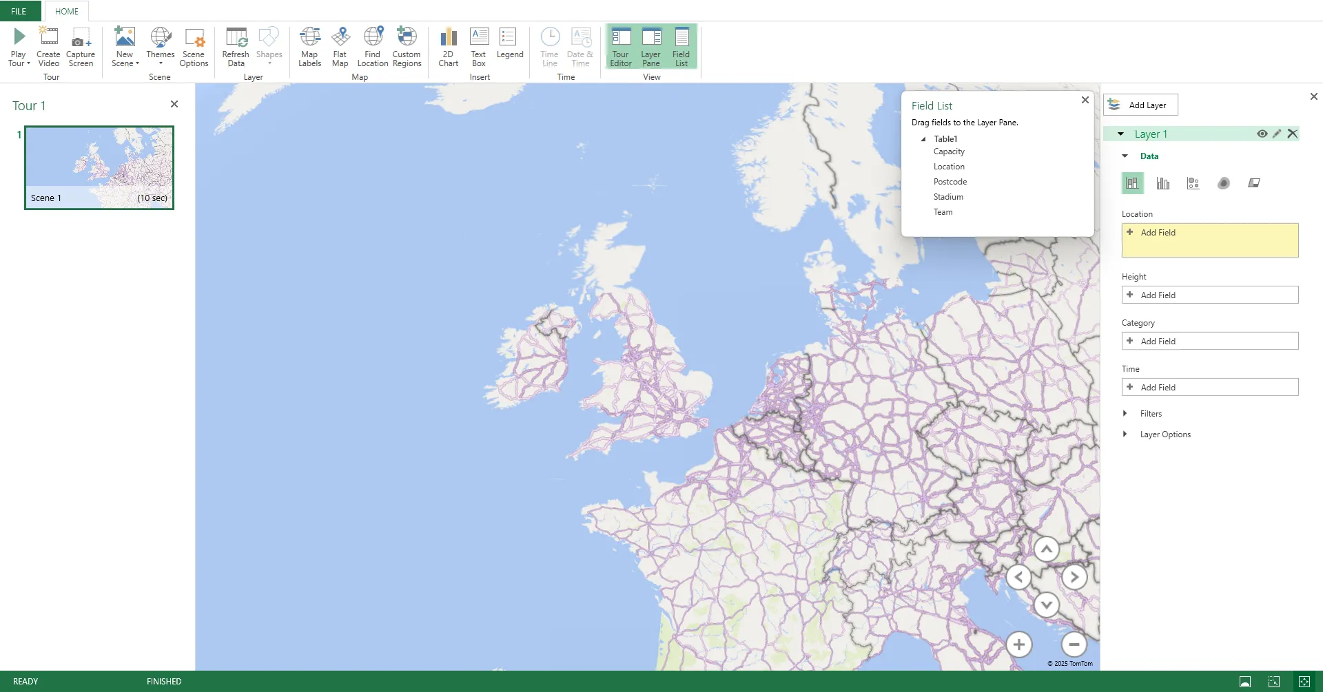 Giao diện cửa sổ 3D Map trong Microsoft Excel khi mới khởi chạy, chưa có dữ liệu trong Ngăn Lớp.