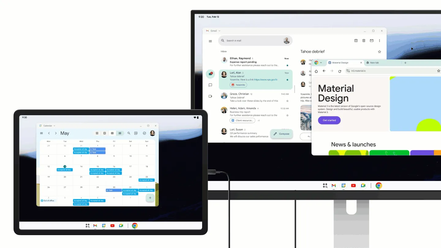 Giao diện đa nhiệm với các cửa sổ ứng dụng khác nhau trên chế độ desktop Android