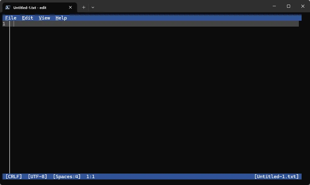 Giao diện đơn giản của Microsoft Edit với các menu File, Edit, View, Help