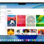 Giao diện ứng dụng Apple Music trên macOS Tahoe 26 với hiệu ứng Liquid Glass trong suốt.