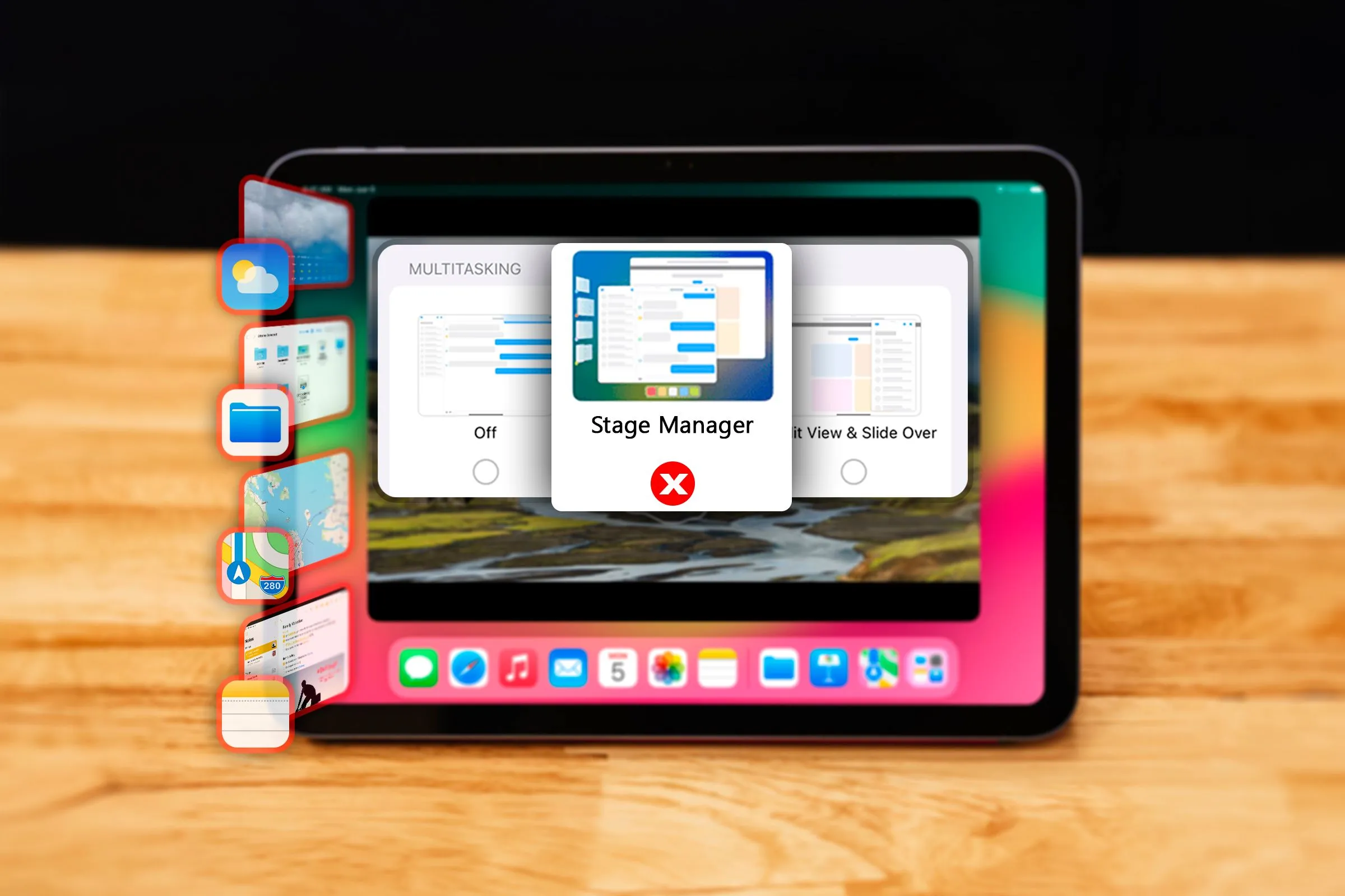 Giao diện và cài đặt tính năng Stage Manager trên iPad minh họa cách quản lý cửa sổ.
