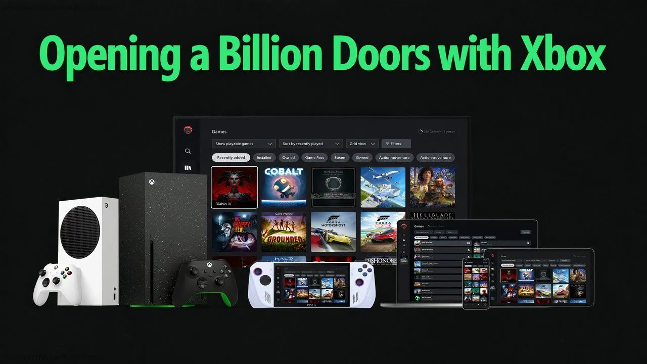 Hình ảnh minh họa tầm nhìn &quot;Mọi màn hình là Xbox&quot; của Microsoft, bao gồm nhiều thiết bị có thể chơi game Xbox.