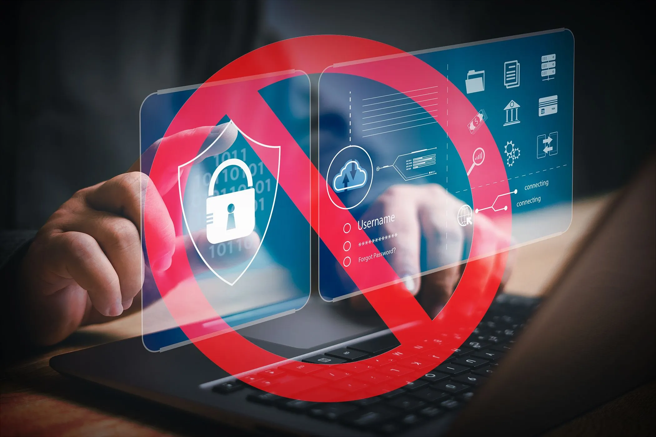 Hình ảnh minh họa tay gõ laptop với dấu cấm màu đỏ đặt trên các biểu tượng bảo mật, nhấn mạnh tầm quan trọng của quyền riêng tư và kiểm soát dữ liệu trong môi trường tự host.