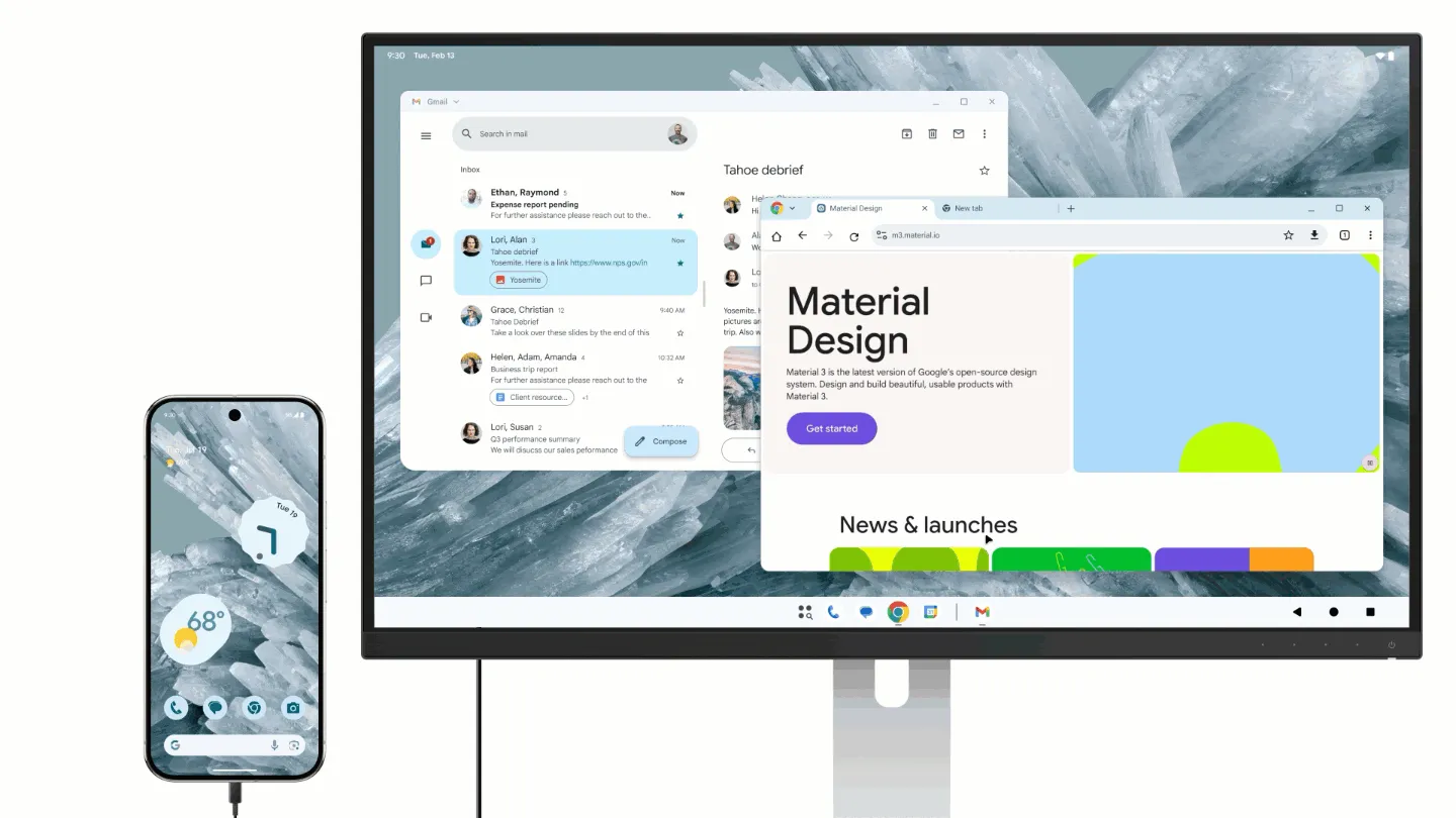 Hoạt ảnh mô tả chế độ desktop mới trên Android 16 dành cho máy tính bảng, cho phép hiển thị và quản lý ứng dụng theo cửa sổ giống môi trường máy tính.