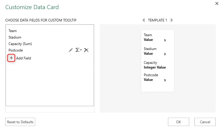 Hộp thoại 'Customize Data Card' (Tùy chỉnh thẻ dữ liệu) trong cửa sổ Bản đồ 3D Excel, cho phép sắp xếp và thêm các trường thông tin.