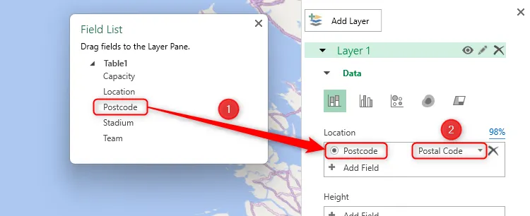 Kéo trường 'Postcode' từ Danh sách Trường vào mục 'Location' trong Ngăn Lớp và chọn 'Postal Code' trong Bản đồ 3D Excel.