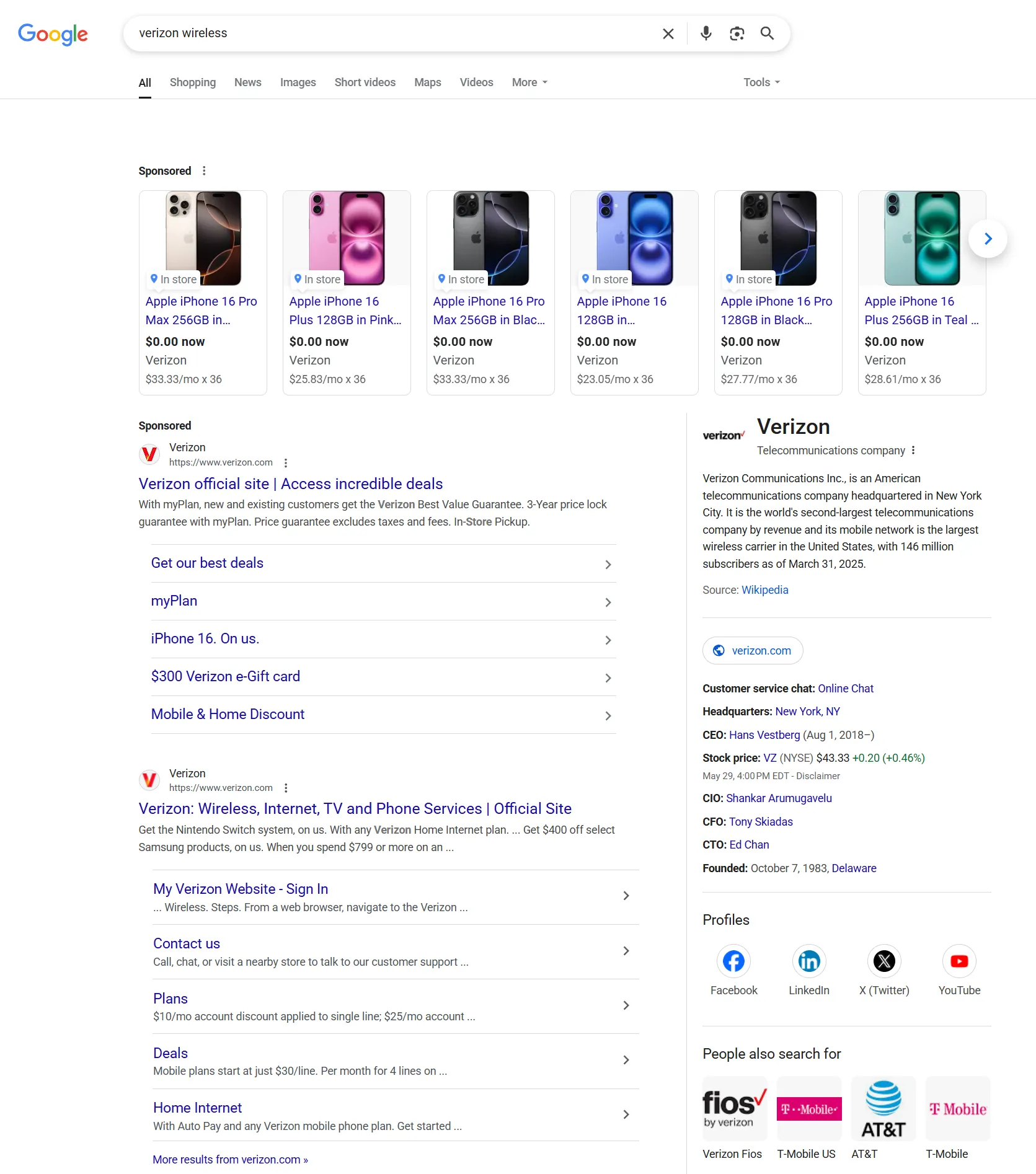 Kết quả tìm kiếm Google cho &quot;Verizon&quot; hiển thị các liên kết được tài trợ.