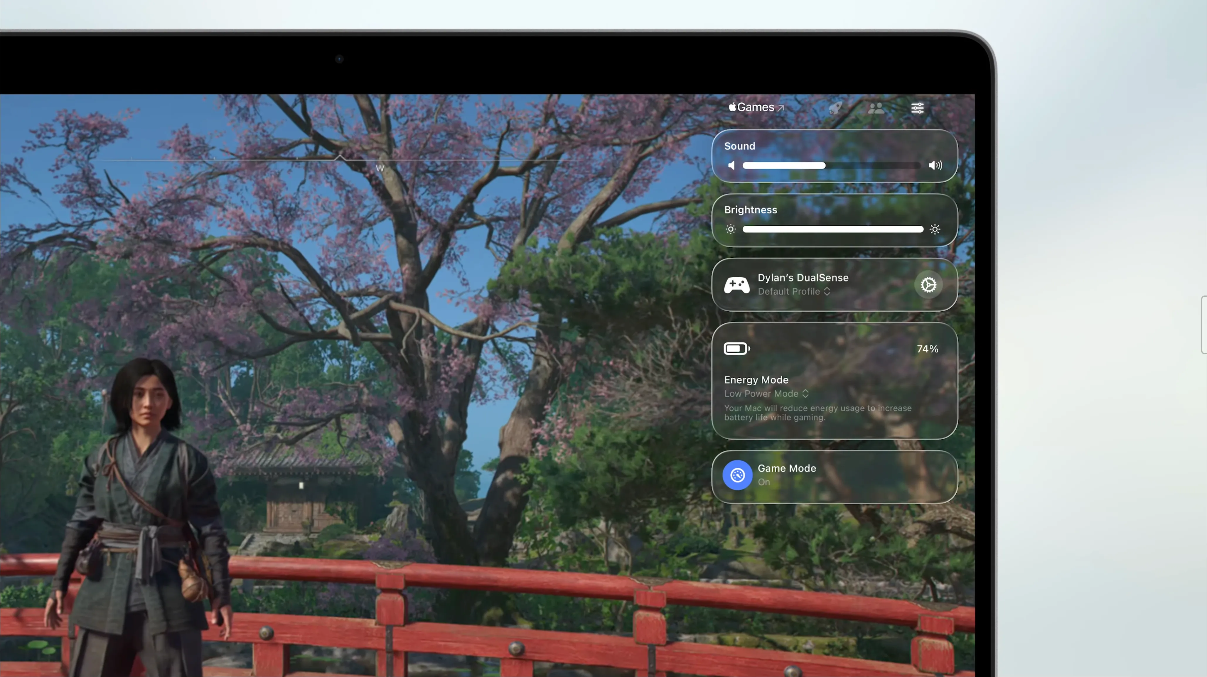 Lớp phủ overlay hiển thị cài đặt và bạn bè trong lúc chơi game trên macOS 26 Tahoe