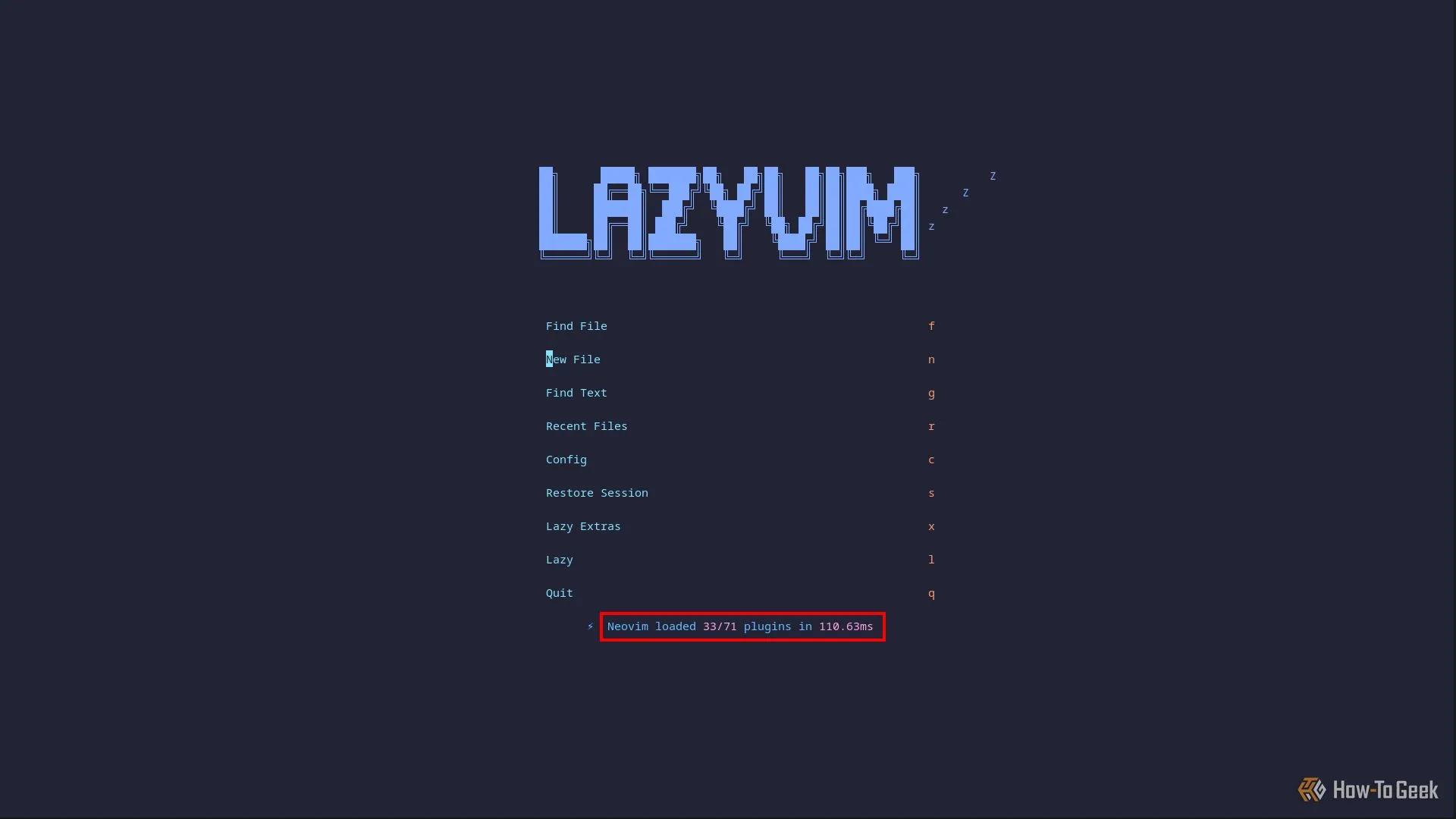 Màn hình chính mặc định của LazyVim trong trình soạn thảo Neovim, hiển thị số liệu thống kê tải ứng dụng và thời gian khởi động cực nhanh (110ms)