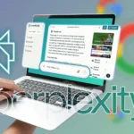 Máy tính xách tay hiển thị giao diện Perplexity AI, minh họa công cụ trợ lý tìm kiếm AI cho nghiên cứu và trả lời.