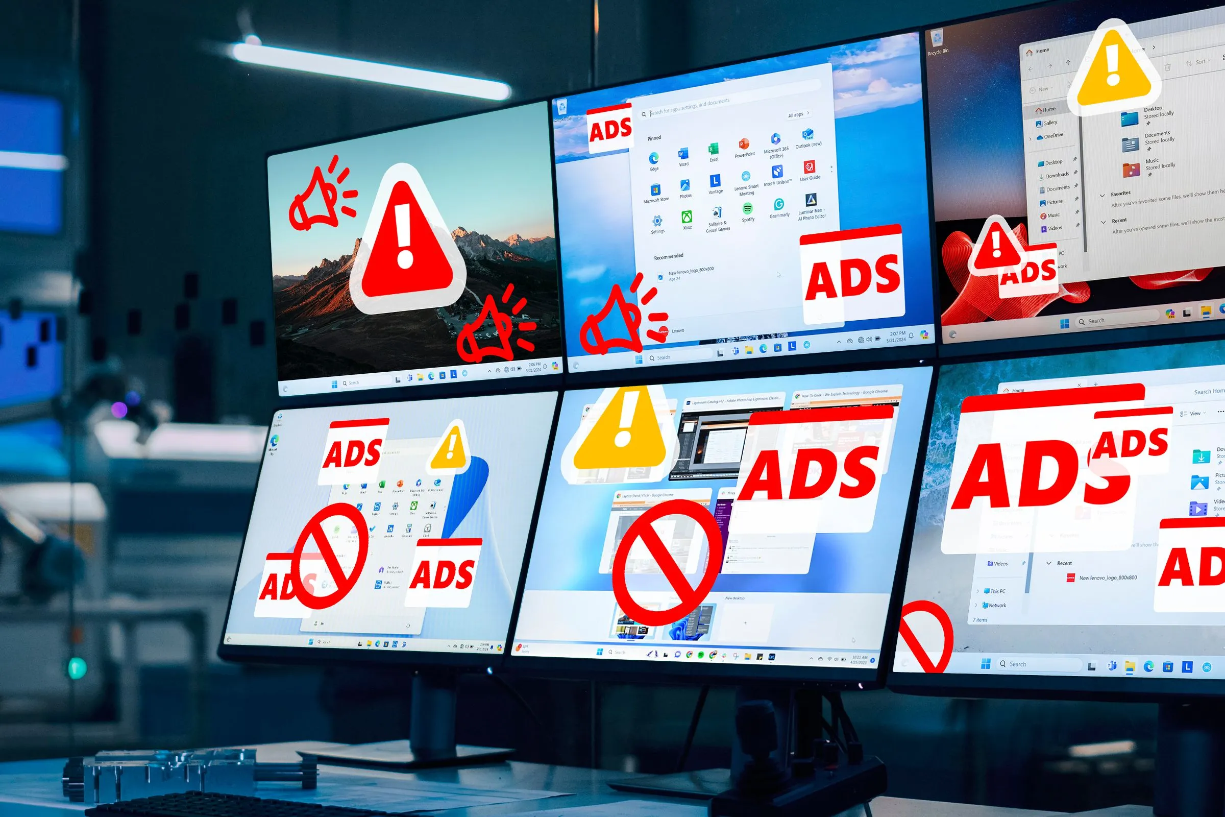 Minh họa màn hình Windows 11 hiển thị quảng cáo gây phiền nhiễu, lý do khiến nhiều người muốn rời bỏ.