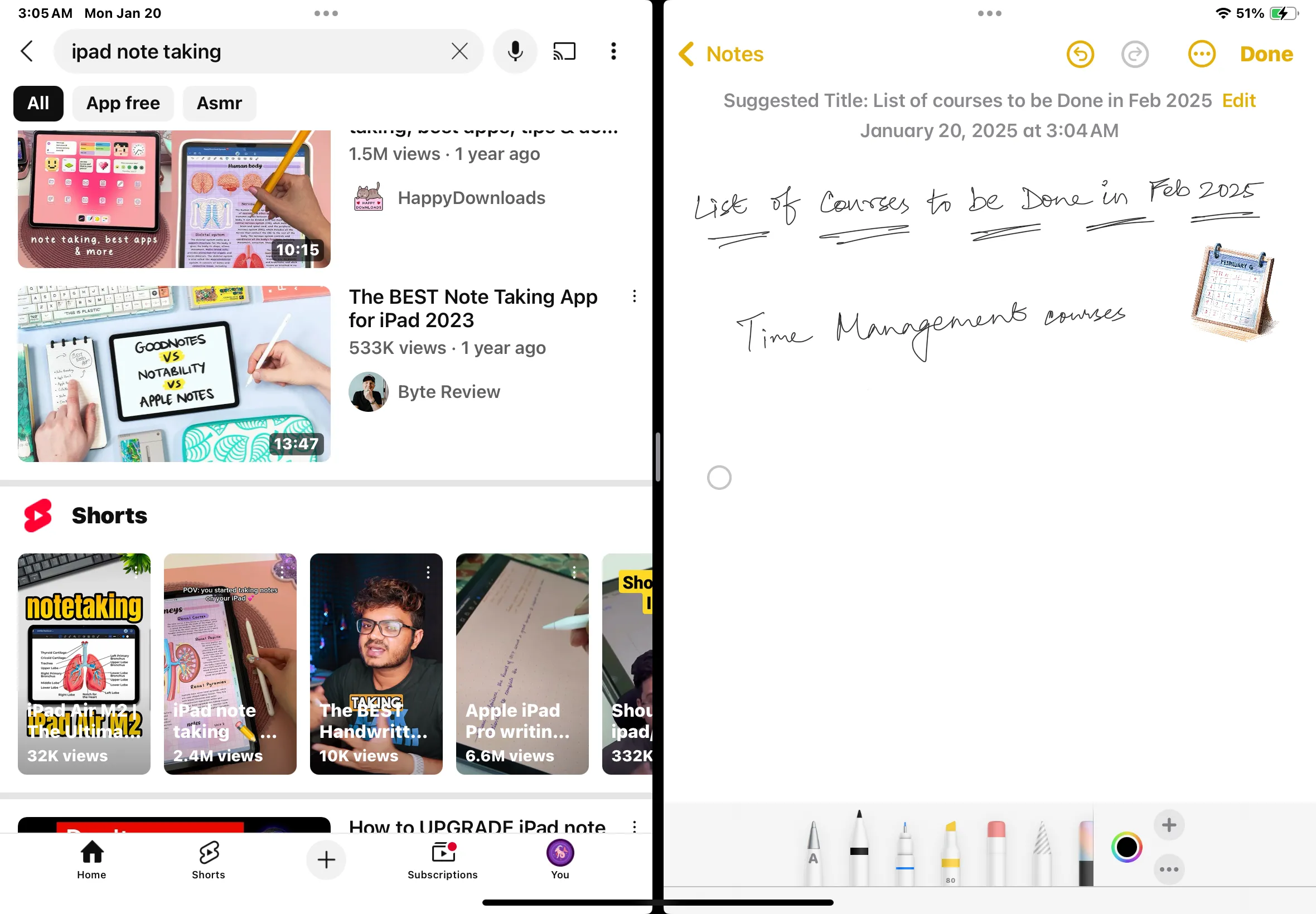 Minh họa tính năng chia đôi màn hình Split View trên iPad, hiển thị ứng dụng YouTube và Ghi chú cùng lúc.