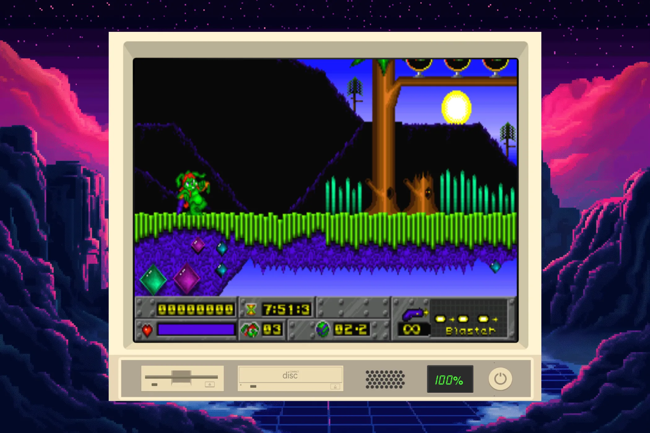 Mô tả game Jazz Jackrabbit chạy trên iDOS 3, thể hiện kỷ nguyên game PC DOS.