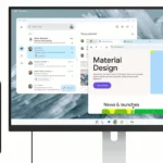 Mô tả giao diện desktop Android QPR1 Beta 2 với thanh tác vụ và các cửa sổ ứng dụng nổi