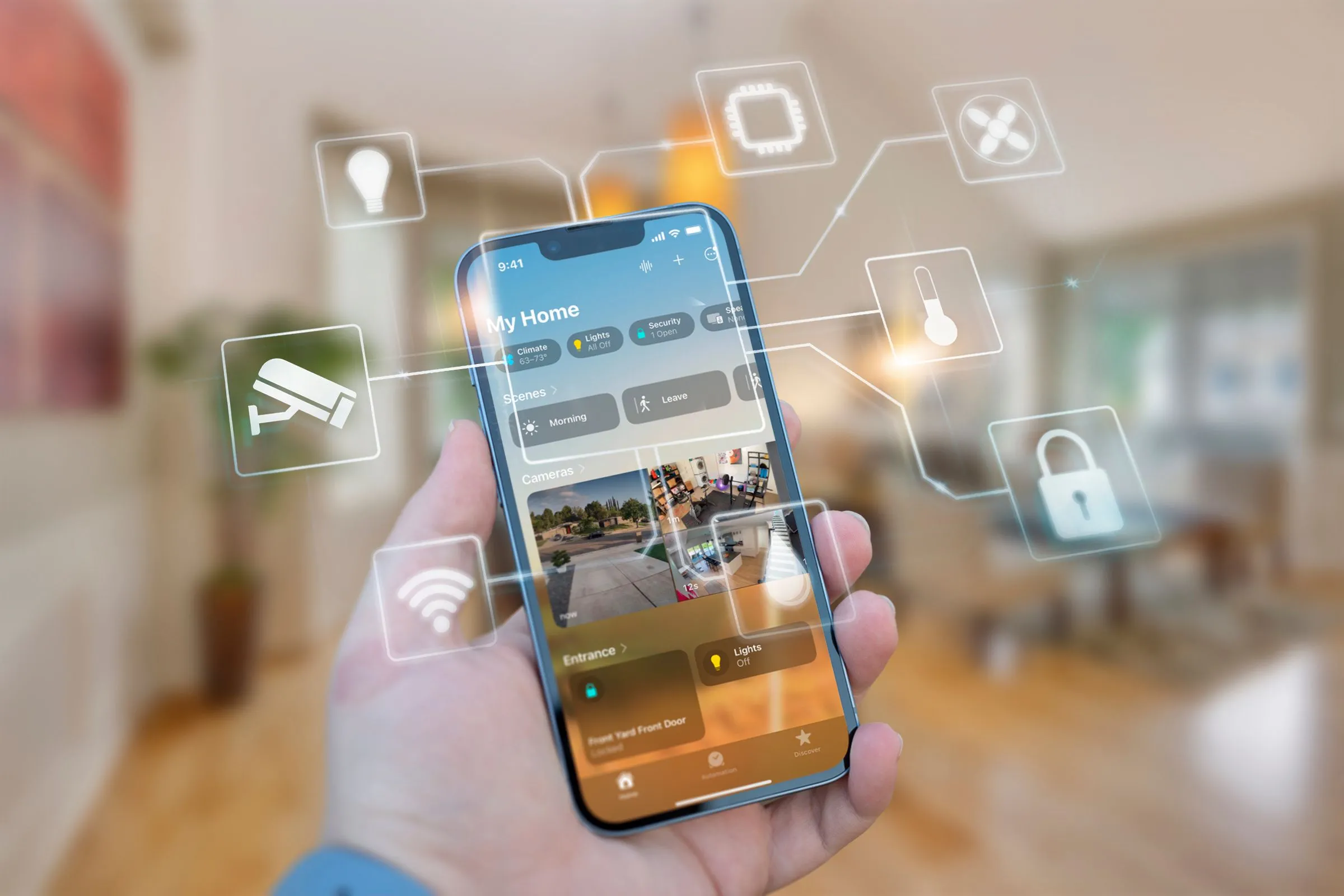 Một chiếc iPhone hiển thị các cảnh nhà thông minh với các biểu tượng xung quanh.