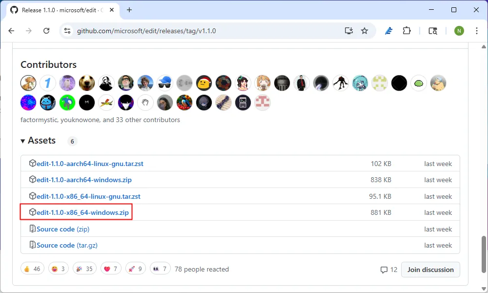 Tệp tin cài đặt Microsoft Edit dạng zip trên trang Releases của GitHub