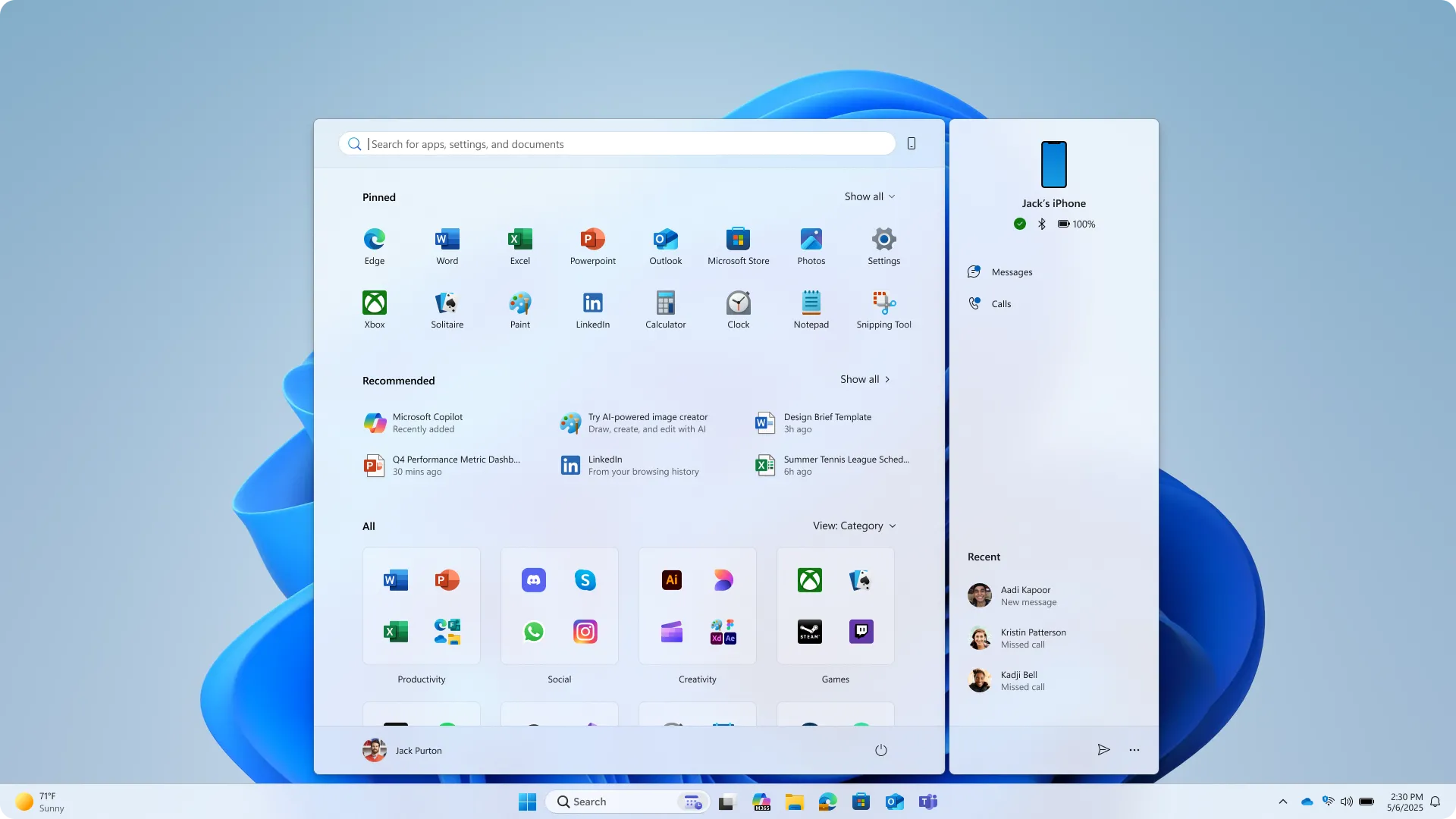 Thiết kế Start Menu Windows 11 mới với ứng dụng ghim và mục đề xuất