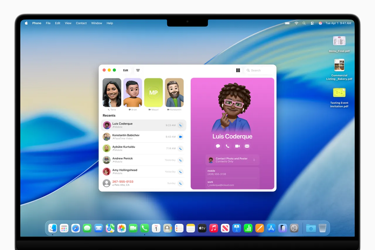 Ứng dụng Điện thoại (Phone app) trên macOS Tahoe 26 hiển thị danh sách cuộc gọi.