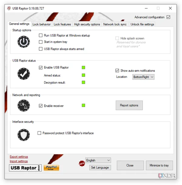 Ảnh chụp màn hình các tùy chọn cài đặt nâng cao trong USB Raptor, cho phép tinh chỉnh hành vi khóa và bảo mật máy tính