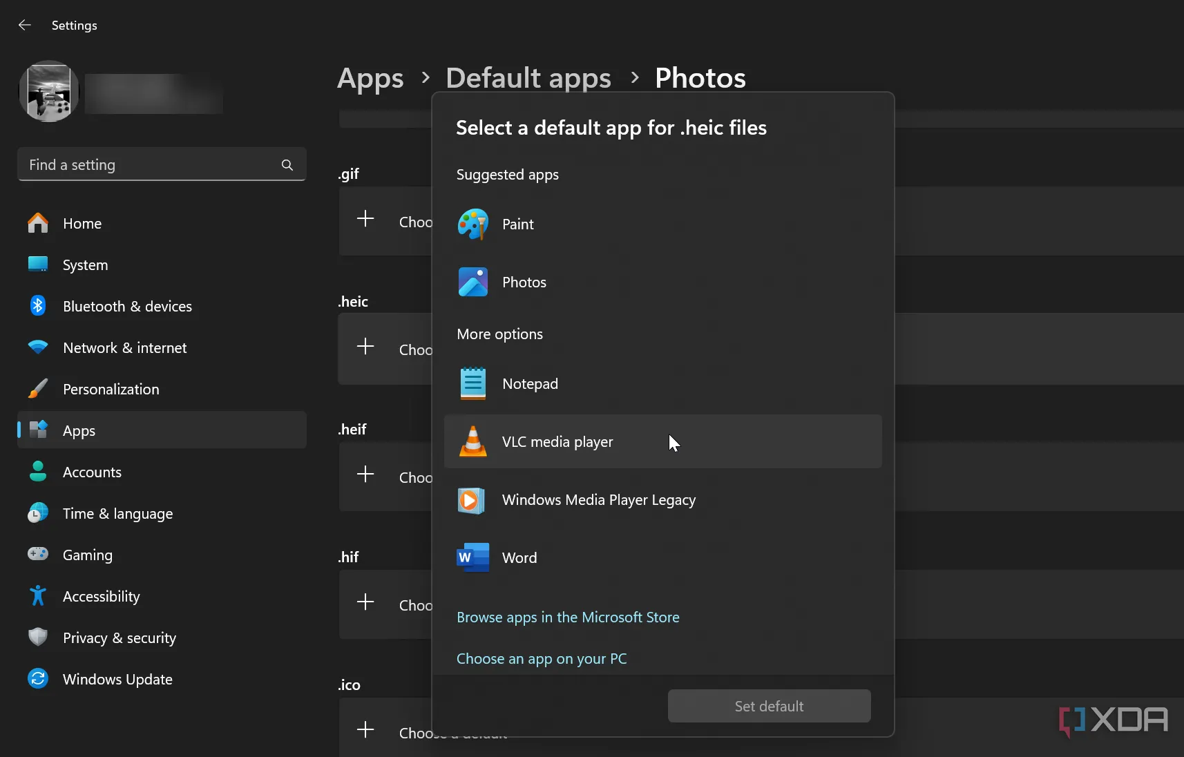 Ảnh chụp màn hình cách thay đổi ứng dụng cho các loại tệp khác nhau trên Windows 11