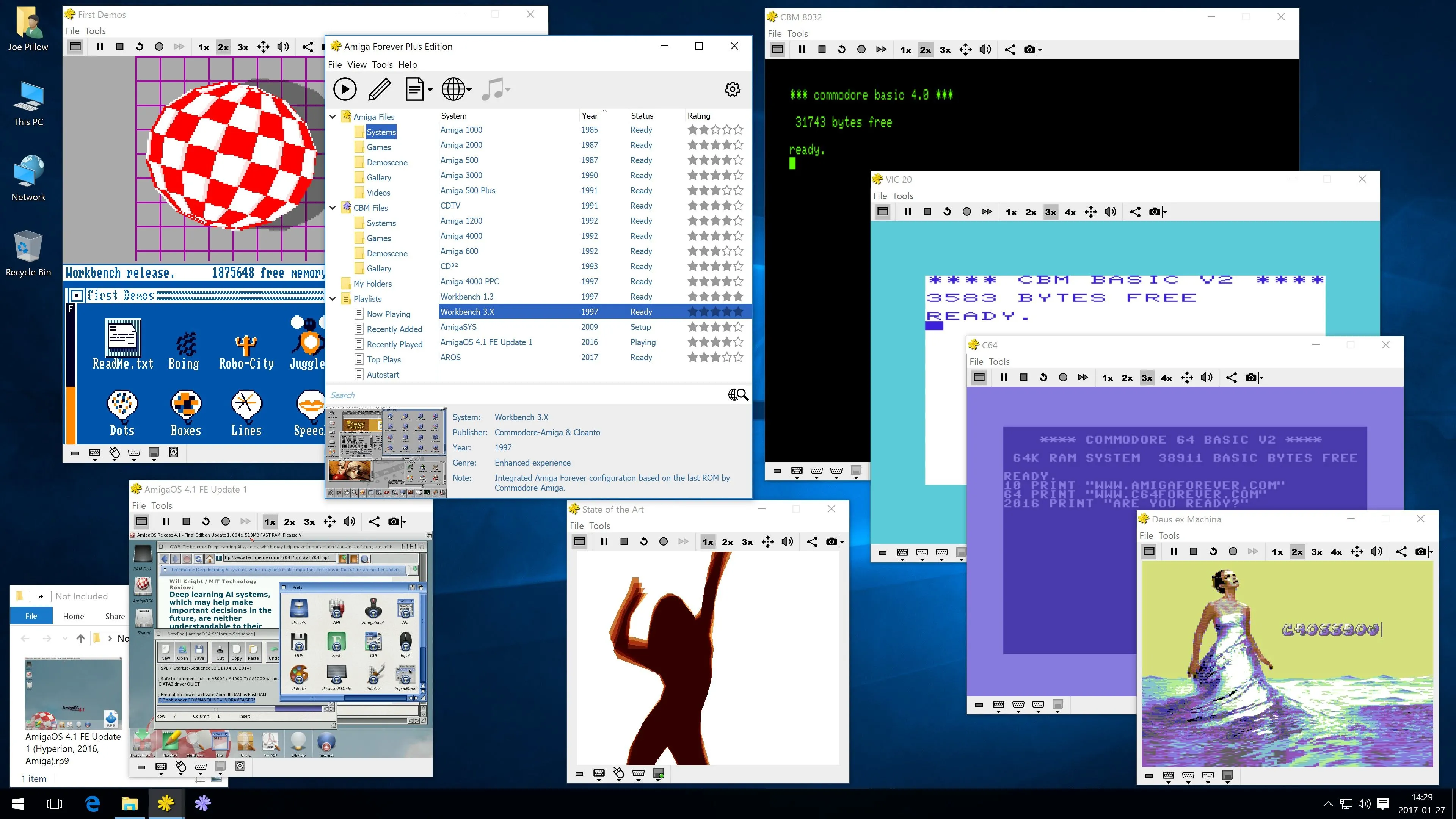 Ảnh chụp màn hình của Amiga Forever hiển thị desktop Amiga với các ứng dụng đang mở