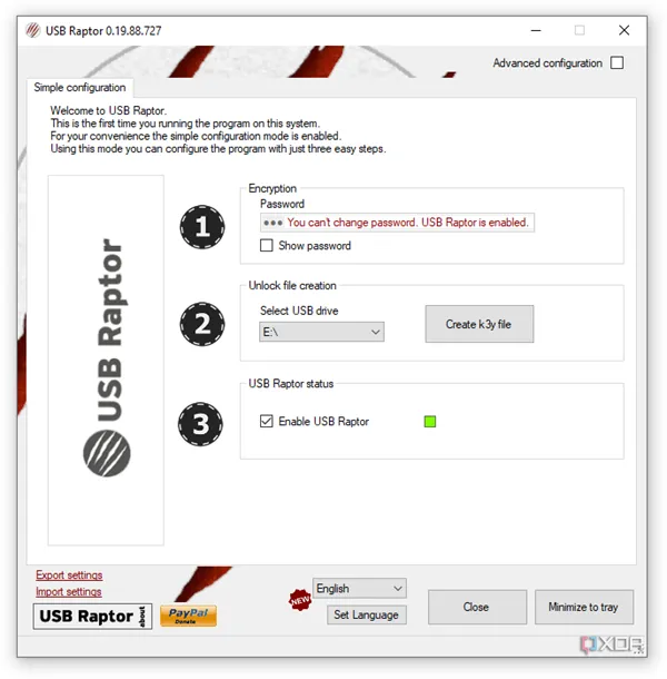 Ảnh chụp màn hình giao diện thiết lập cơ bản của USB Raptor, minh họa các bước cài đặt đơn giản để biến USB thành khóa PC