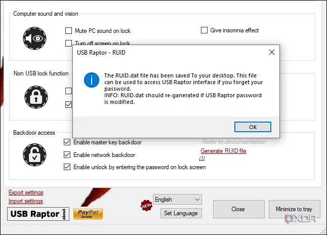 Ảnh chụp màn hình giao diện USB Raptor hiển thị tùy chọn tạo file RUID, chìa khóa dự phòng để truy cập PC