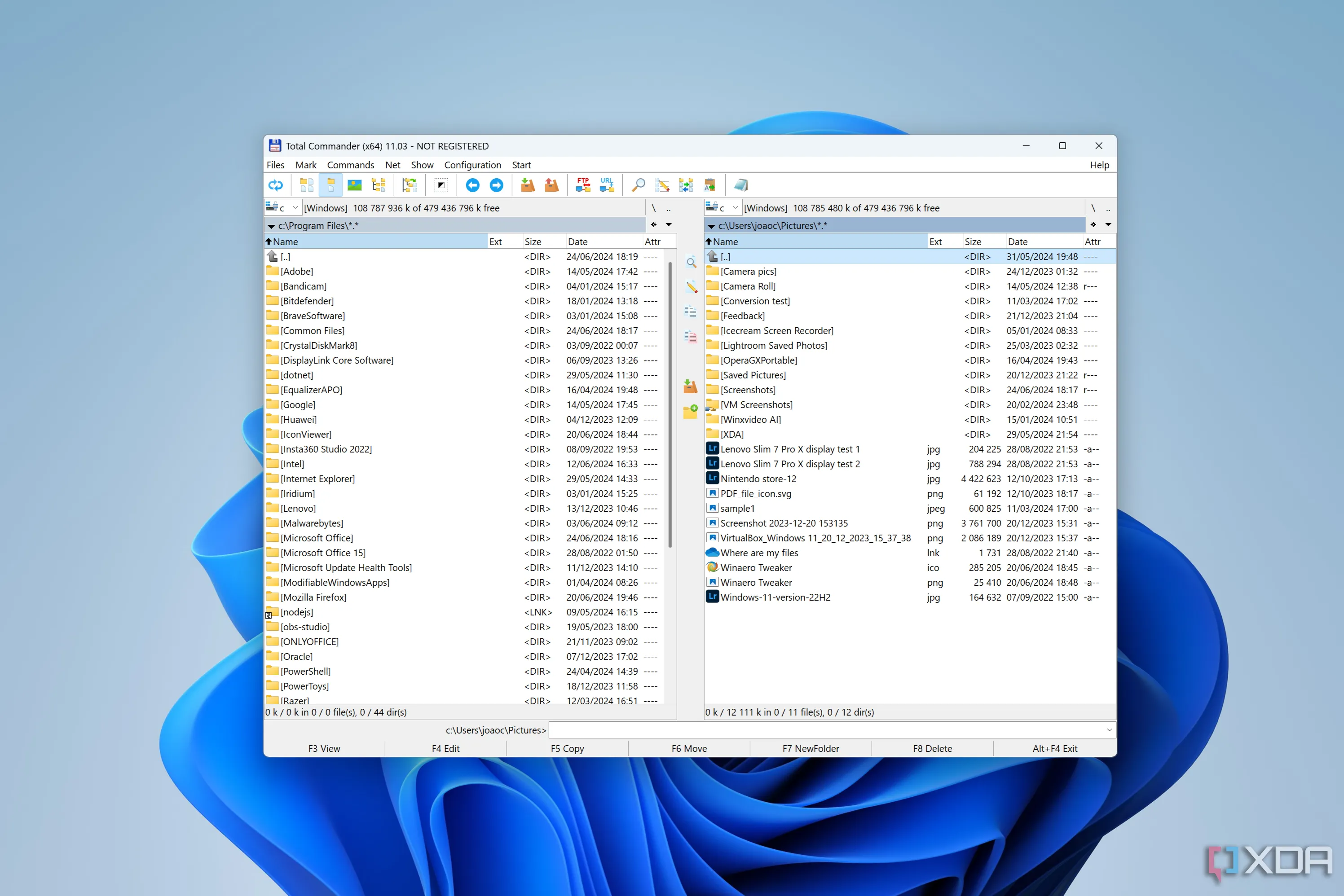Ảnh chụp màn hình phần mềm Total Commander với giao diện hai cửa sổ cổ điển trên Windows 11.