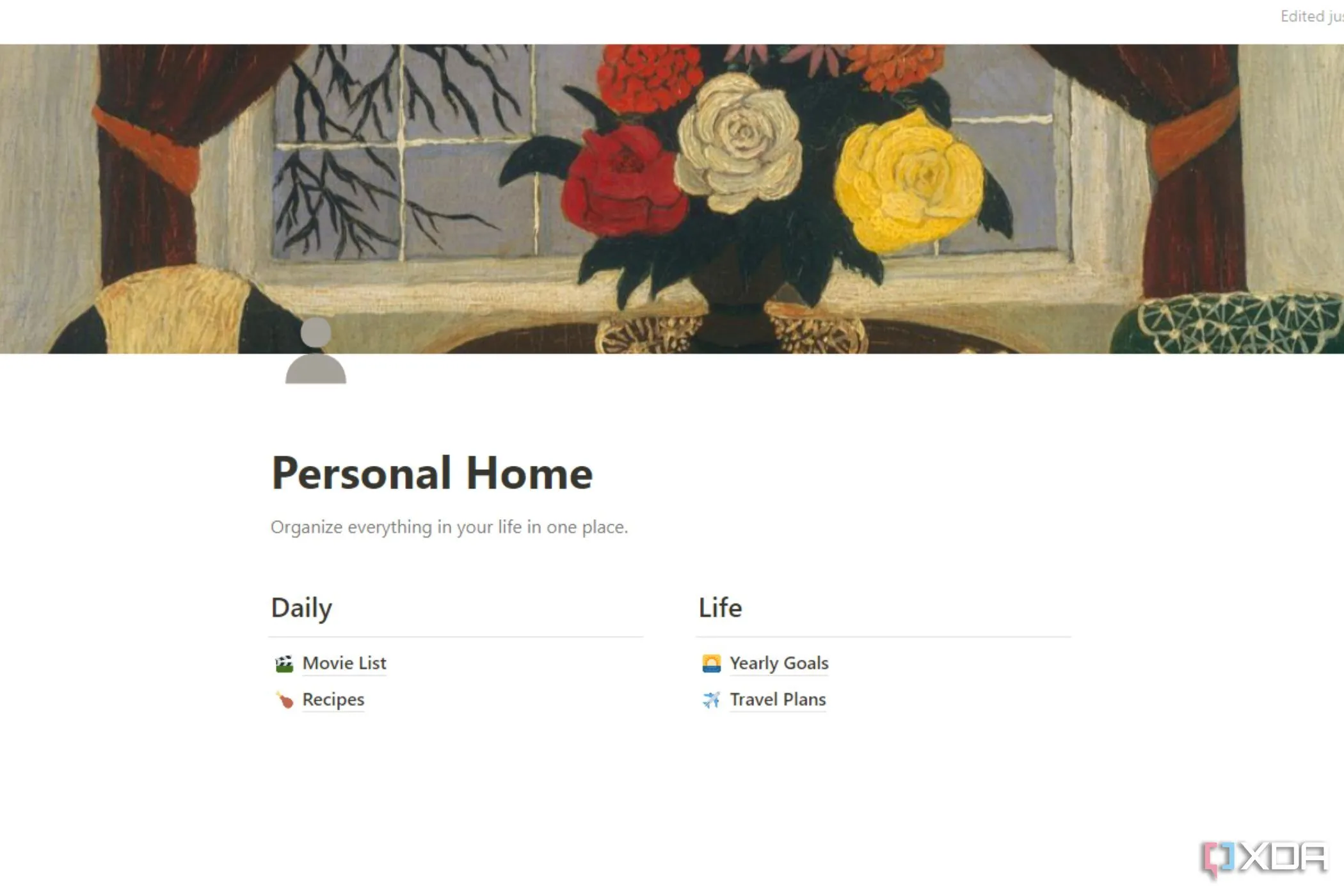 Ảnh chụp màn hình trang 'Personal home' trong Notion, minh họa mức độ tùy chỉnh và thời gian cần thiết để tổ chức không gian làm việc