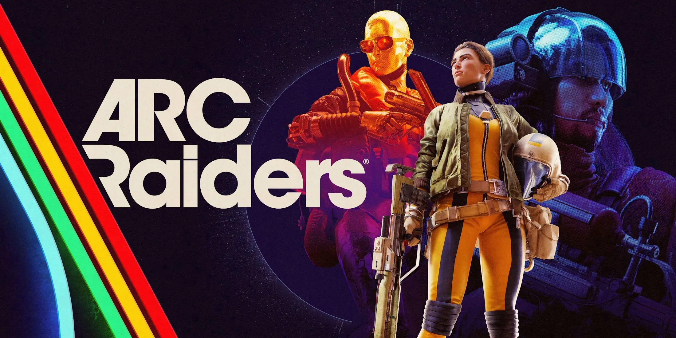 Ảnh nghệ thuật chính của ARC Raiders với các nhân vật và robot kẻ thù, thể hiện bối cảnh hậu tận thế