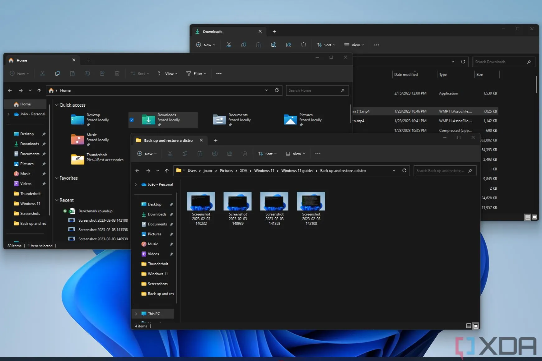 Ba cửa sổ File Explorer trên Windows 11 với tính năng tab đang hoạt động, minh họa việc mở cửa sổ mới thay vì tab