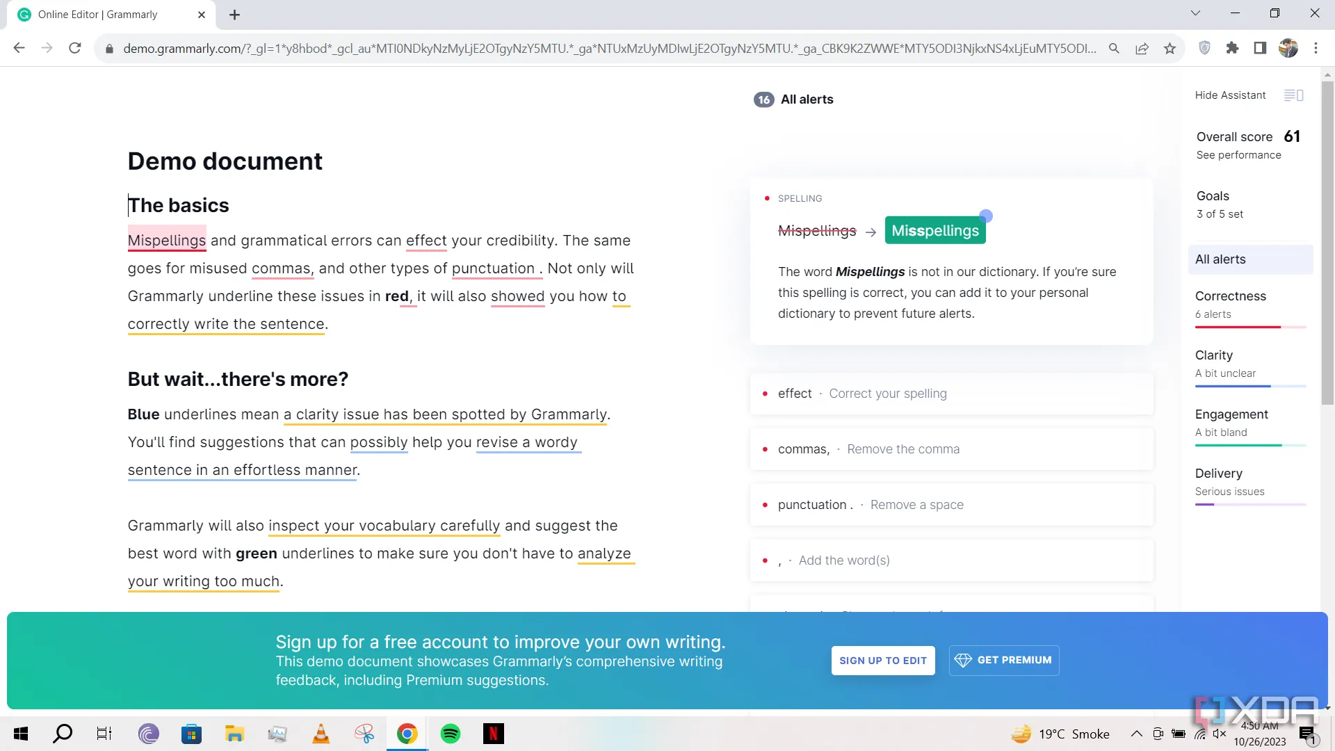 Bản demo trực tuyến của Grammarly đang chạy trong Google Chrome, minh họa khả năng kiểm tra ngữ pháp.