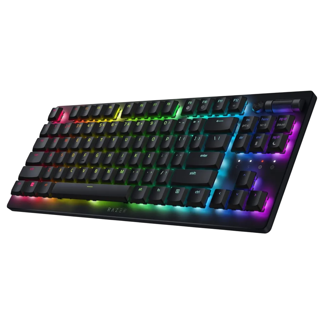 Bàn phím gaming không dây Razer DeathStalker V2 Pro TKL với thiết kế low-profile sang trọng, thể hiện các phím và đèn RGB đặc trưng.